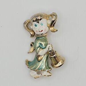 Vintage BJ Zombie Angel Zombie Clown Brooch with Bell Gold Tone And Green